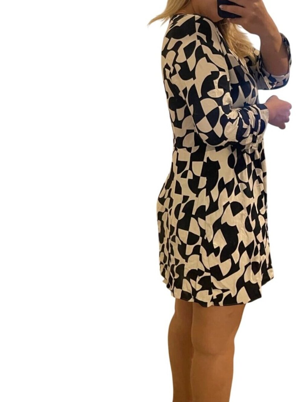 Zara Dress Size XS Black White Abstract Print V-Neck Button-Down 3/4 Sleeves - Picture 2 of 12